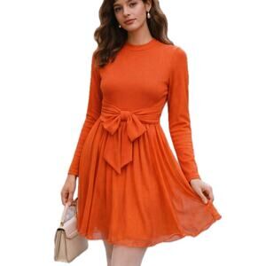 VTG Miss Elliette Mod Chiffon Bow Midi Dress Medium Orange 1960s Whimsical Retro